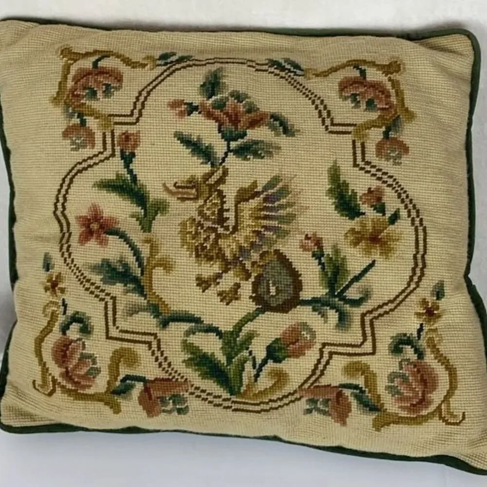 Vintage Needlepoint Griffin Floral Throw Pillow 16 x 18